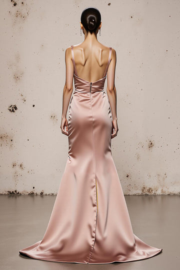 Light Pink Satin Mermaid Long Evening Dress With Slit